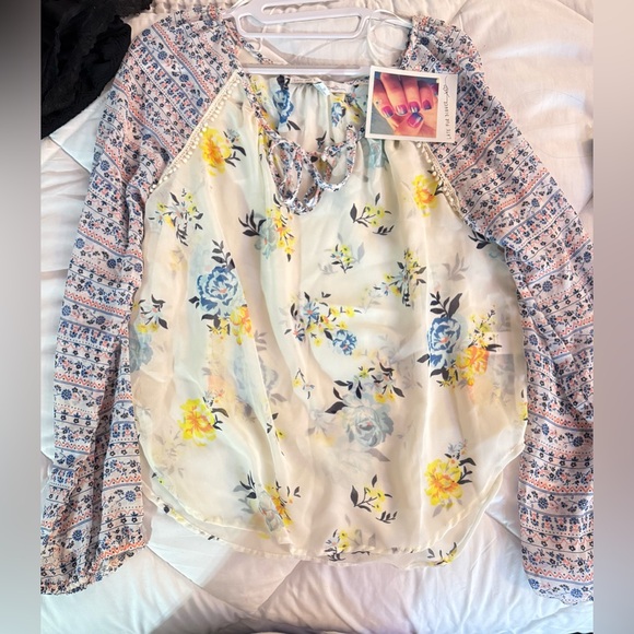Late for Dinner Tops - Floral Mix-Print Long Sleeve Blouse - Yellow & Blue